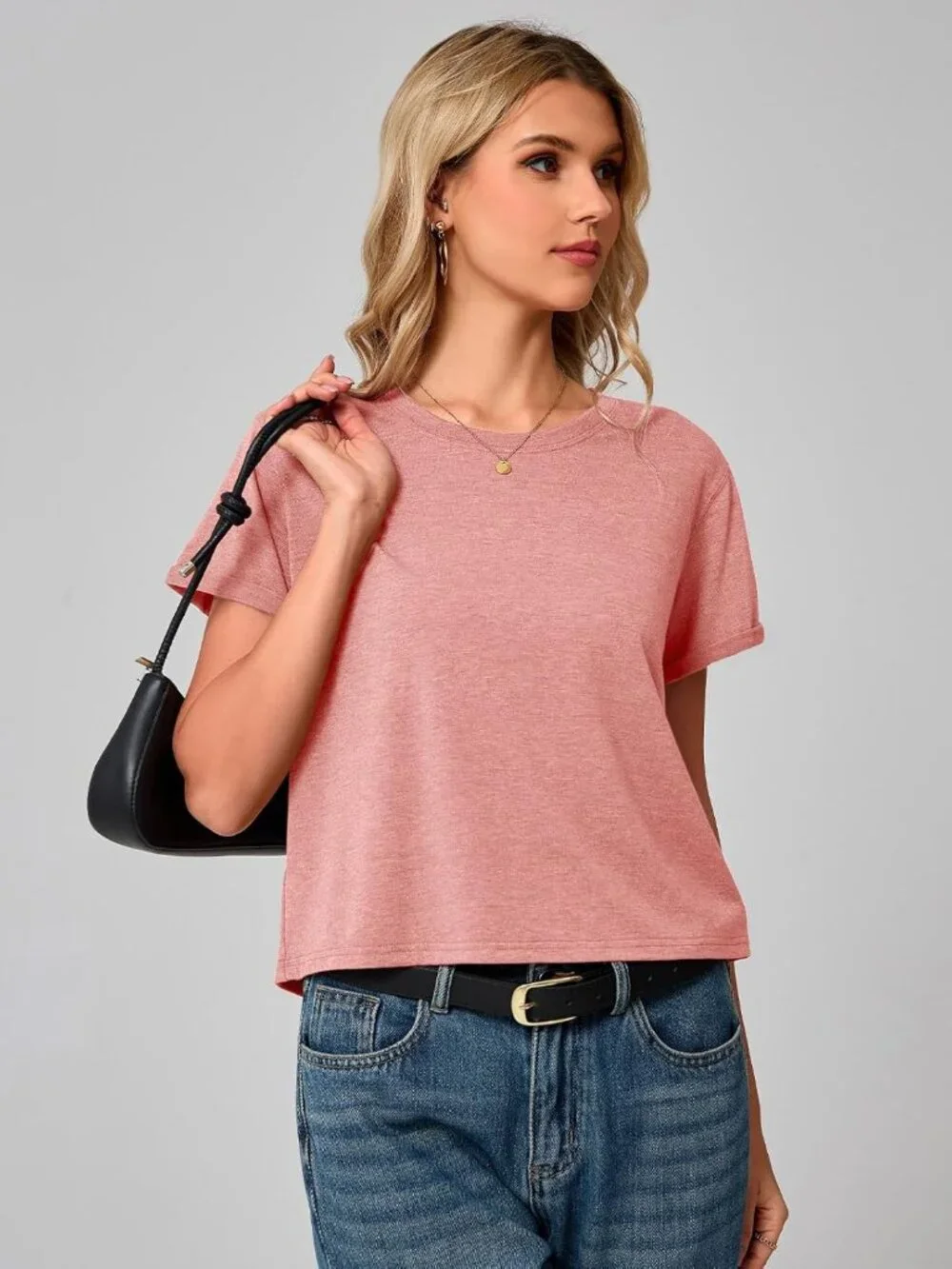 Women's Pink Summer Short Sleeve Crewneck Crop Casual and Flowy Style T Shirt - Picture 4 of 6